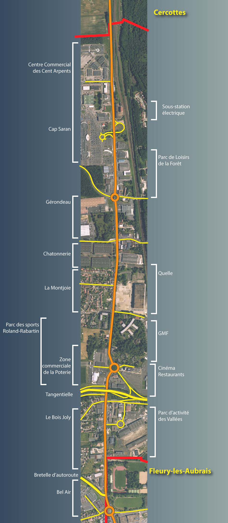 Schéma de la RD 2020 du Nord au Sud de la commune de Saran